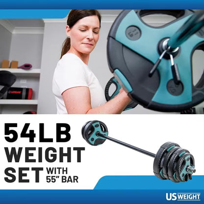 54 LB Perfect Barbell Weight Set for Home Gym with 55” Padded Bar, Adjustable Weights for Exercise, Lifting and to Build Muscle